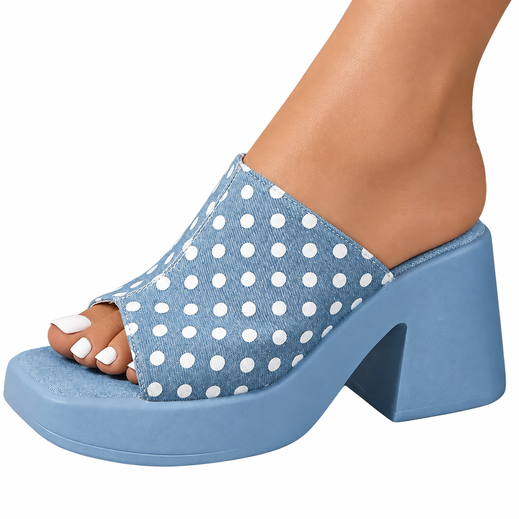 Denim Polka Dot Platform Mules Open Toe Shoes Chunky Block Heel Slip-On Sandals