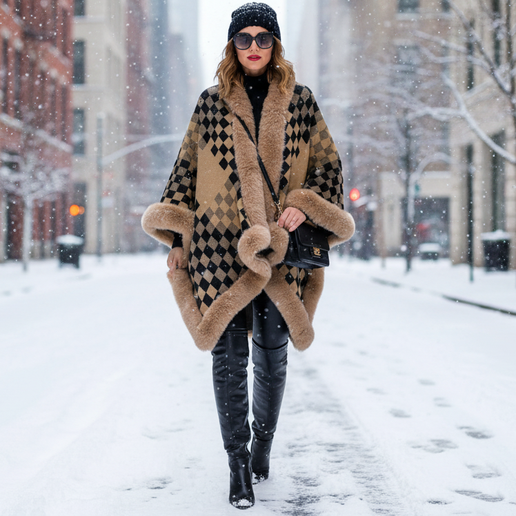 Large Cape Plush Faux Fur Heavy Checker Pullover Oversized Sweater Jacket Poncho