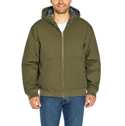 Woolrich Men's Canvas Hooded Jacket Plaid Kangaroo Pocket Zipper Hoodie Green