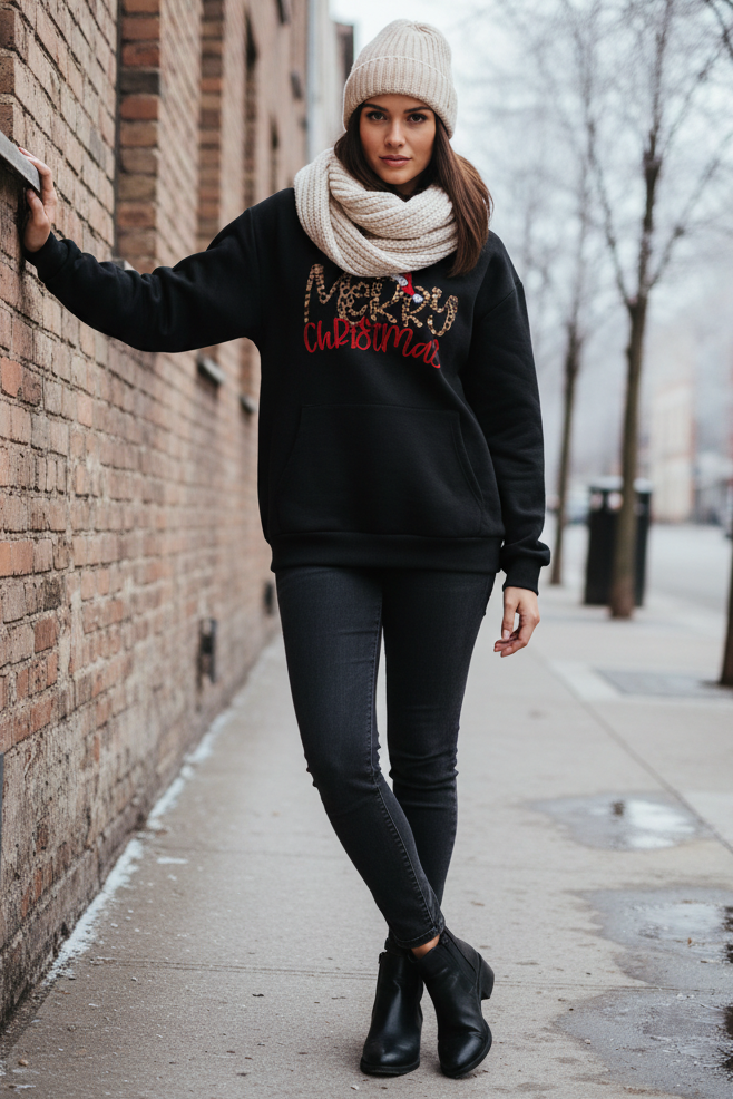 Leopard Print Merry Christmas Oversized Pullover Drawstring Hoodie Holiday Sweatshirt