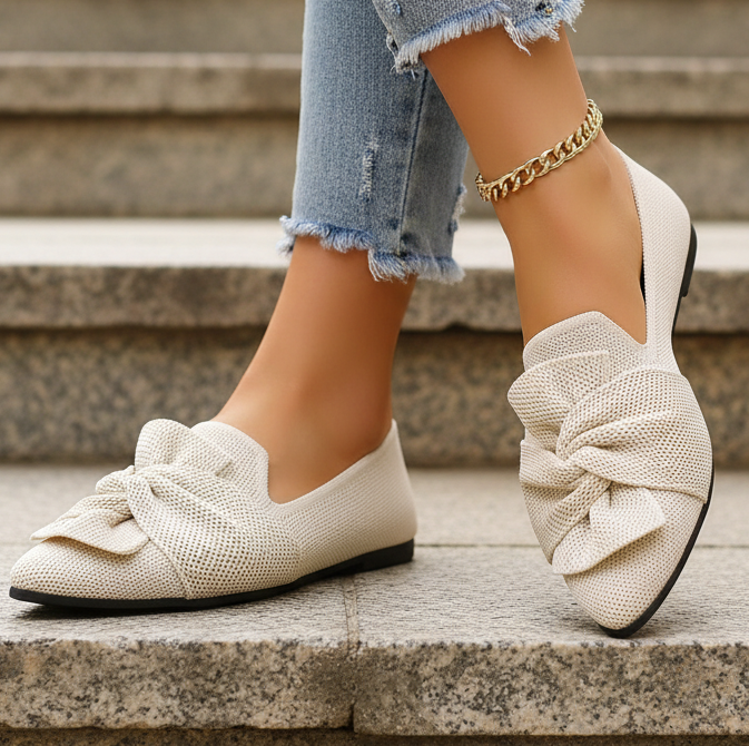 Oversized Twisted Bow Mesh Knit Pointed Toe Flats Slip-On Ballet Shoes Loafers