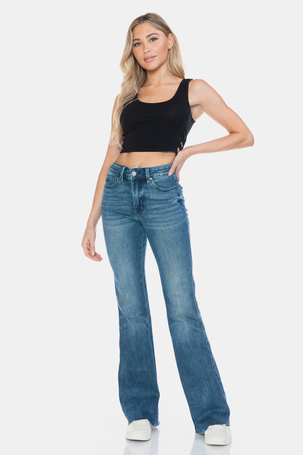 Judy Blue Tummy Control Mid-Rise Jeans Slim Fit Tapered Flare Cut-off Denim Pants