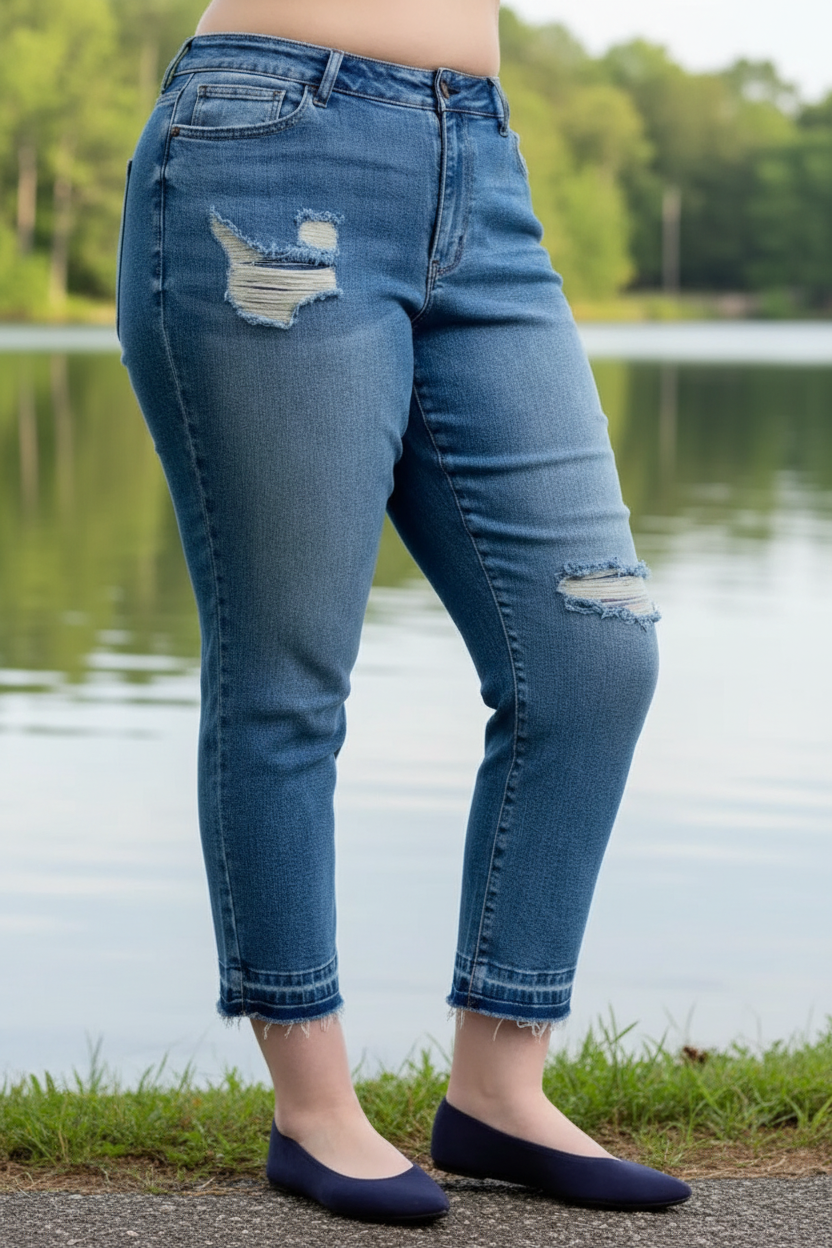 Judy Blue Full Size Mid Rise Bf Patch & Repair Destroy Release Hem Jeans Plus Size