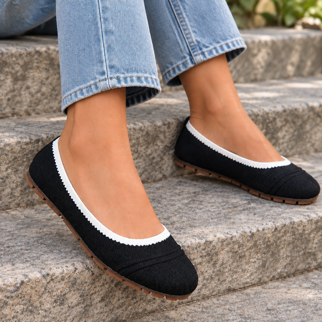 Knit Mesh Round Toe Ballet Flats Two-Tone Contrast Trim Casual Slip-On Shoes
