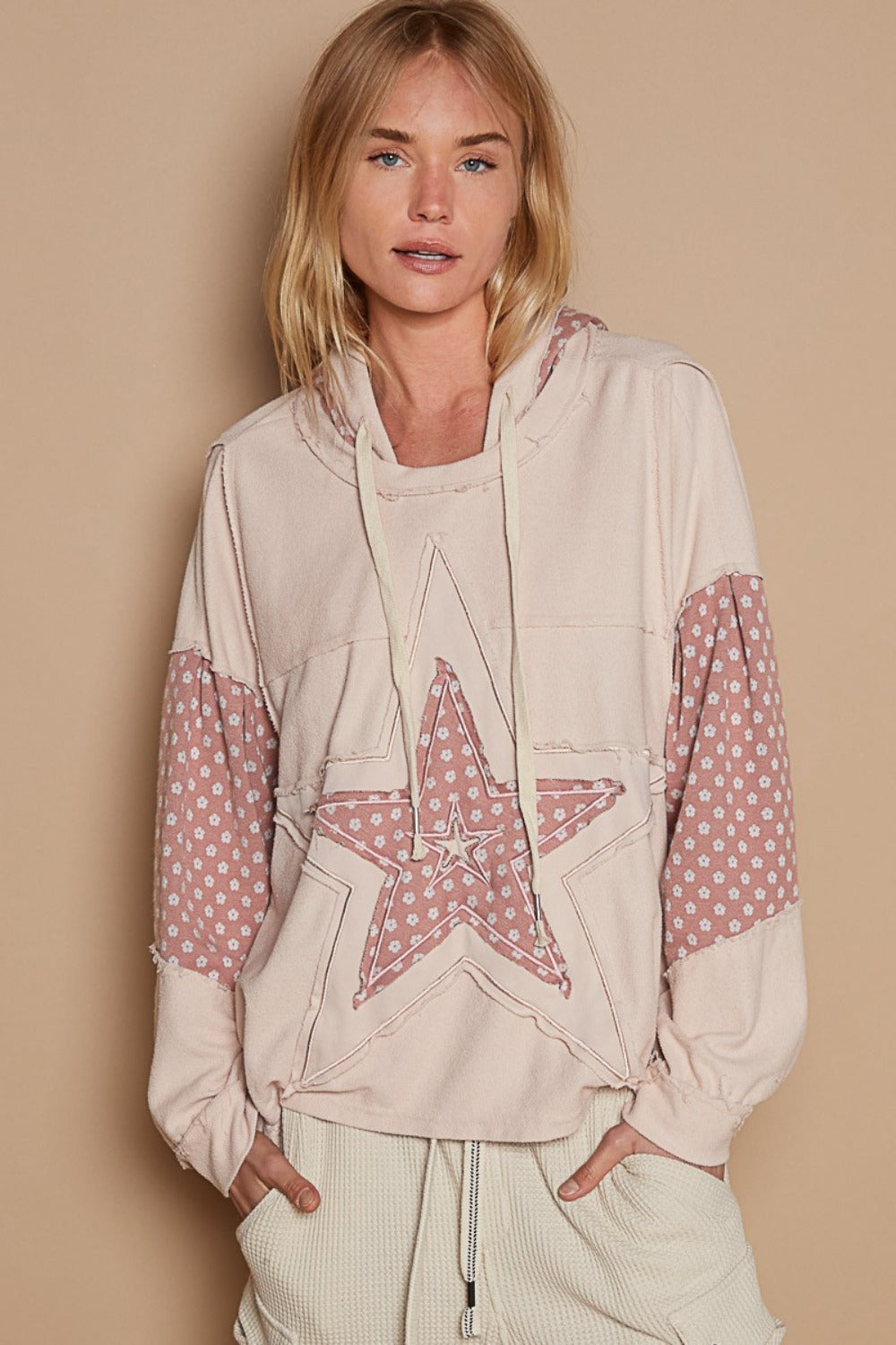 POL French Terry Star Patchwork Hoodie Raw Seam Sweatshirt Oversized Top Hippie Boho Shirt