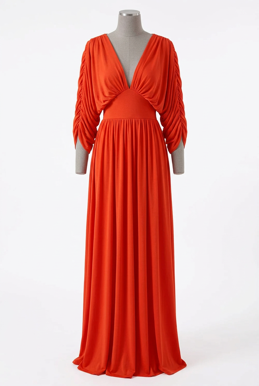 Deep V-Neck Empire Waist Formal Maxi Dress Ruched Balloon Sleeves Open Tie Back