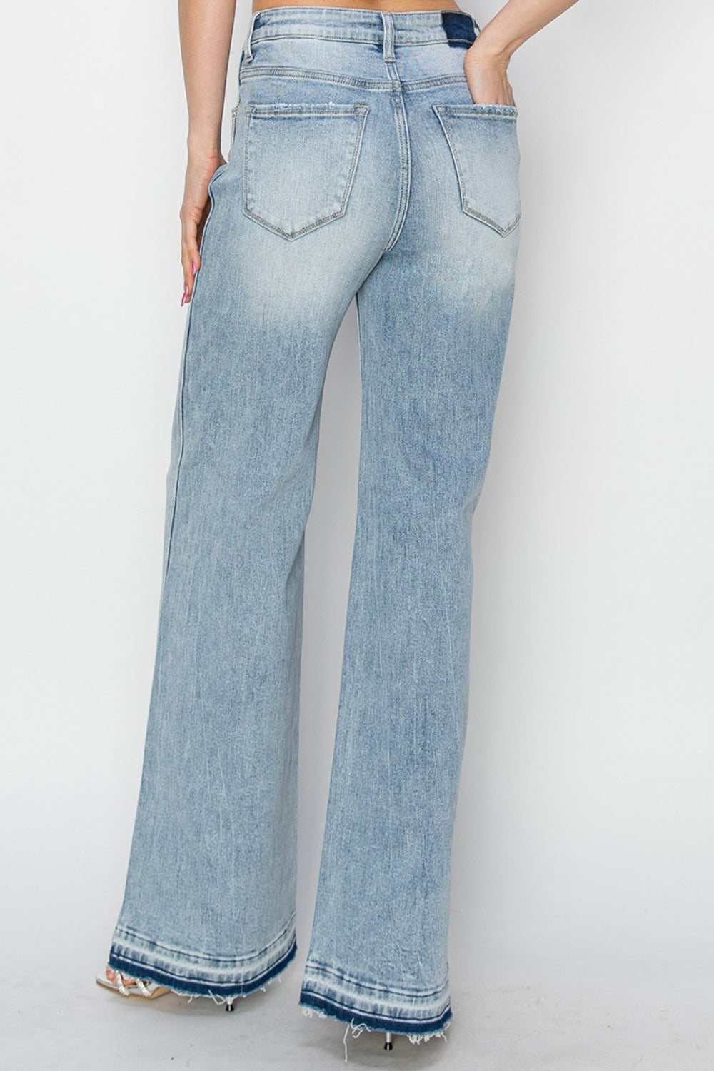 RISEN High-Rise Wide Leg Pants Distressed Contrasting Hem Boyfriend Jeans Denim