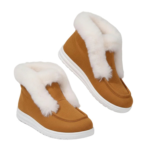 Plush Faux Fur Trim Round Moc Toe Slip-On Ankle Boots Fluffy Winter Bootie Shoes
