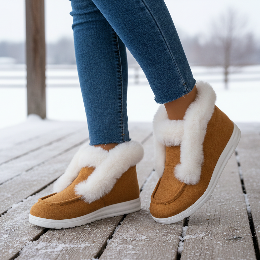 Plush Faux Fur Trim Round Moc Toe Slip-On Ankle Boots Fluffy Winter Bootie Shoes