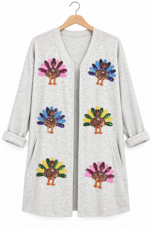 Sequin Turkey Oversized Open Front Cardigan Thanksgiving Long Sleeve Sweater