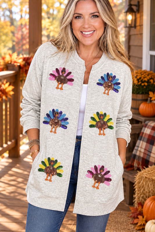 Sequin Turkey Oversized Open Front Cardigan Thanksgiving Long Sleeve Sweater