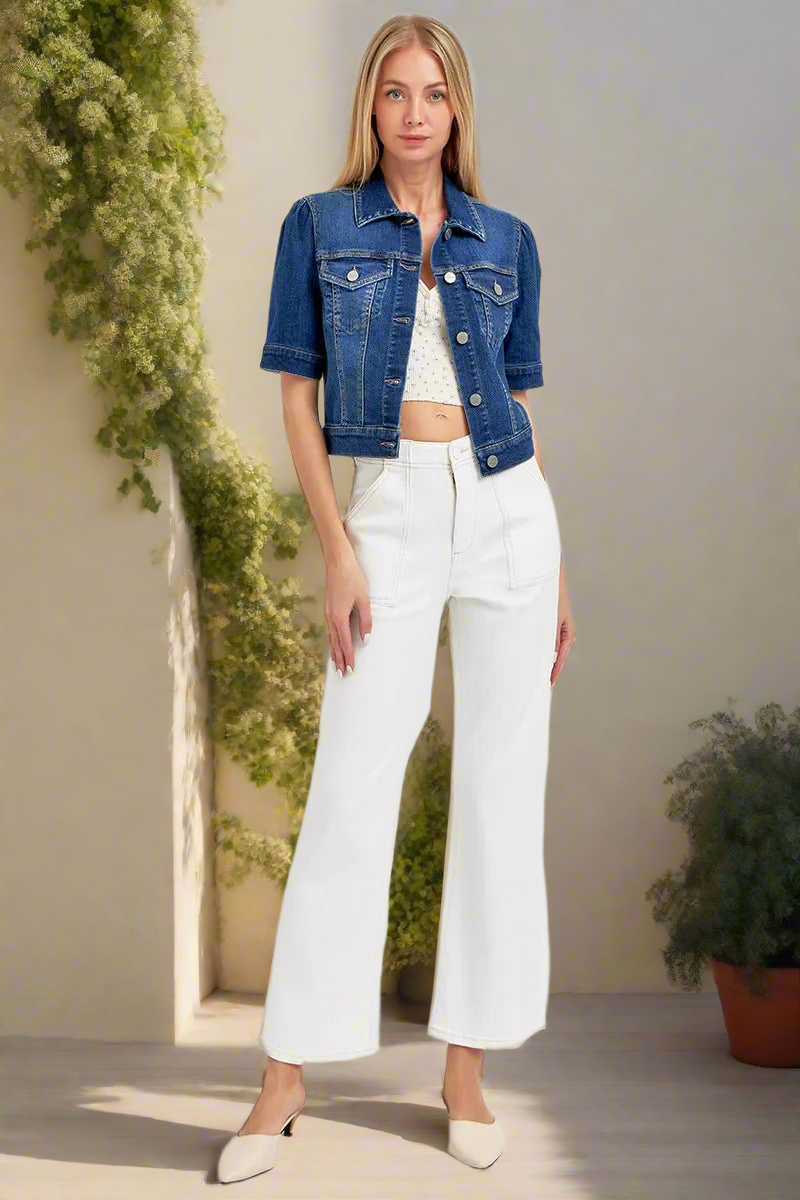 RISEN Cropped 90s Retro Jean Button-Up Chest Pocket Half Sleeve Denim Jacket