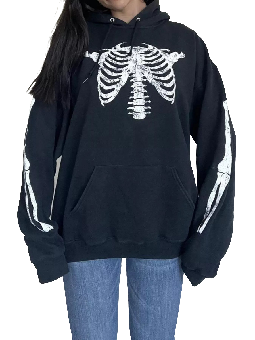 Skeleton Print Oversized Hoodie Pullover Sweatshirt Kangaroo Pocket Sweater Shirt