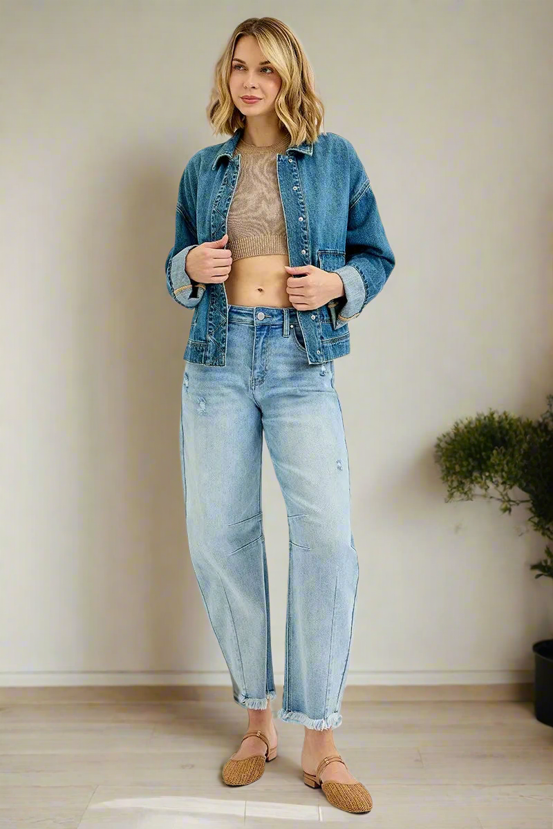 RISEN Embroidered Snap Front Oversized Boyfriend Cargo Pocket Blue Jean Denim Jacket