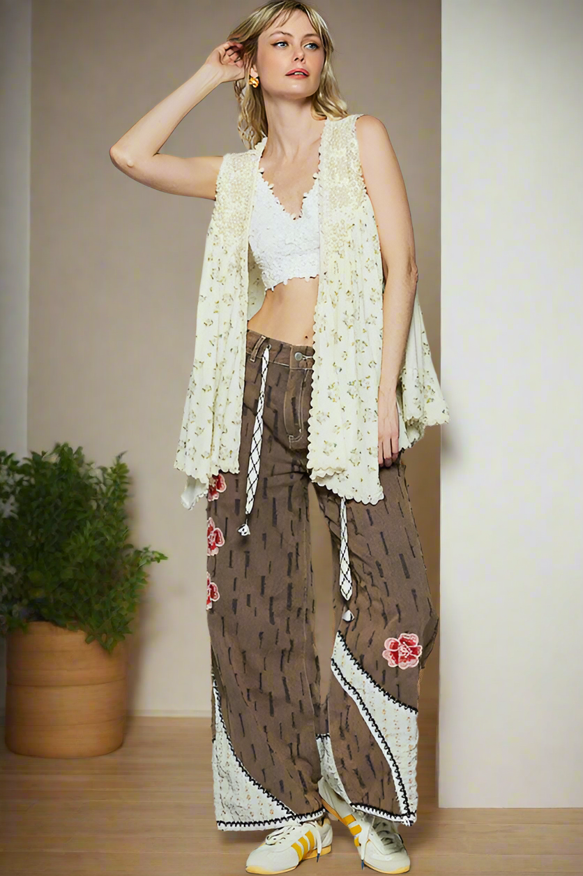 POL Lace Pearl Embroidered Patchwork Boho Vest Gauze Raw Hem Sleeveless Cardigan Floral Cream