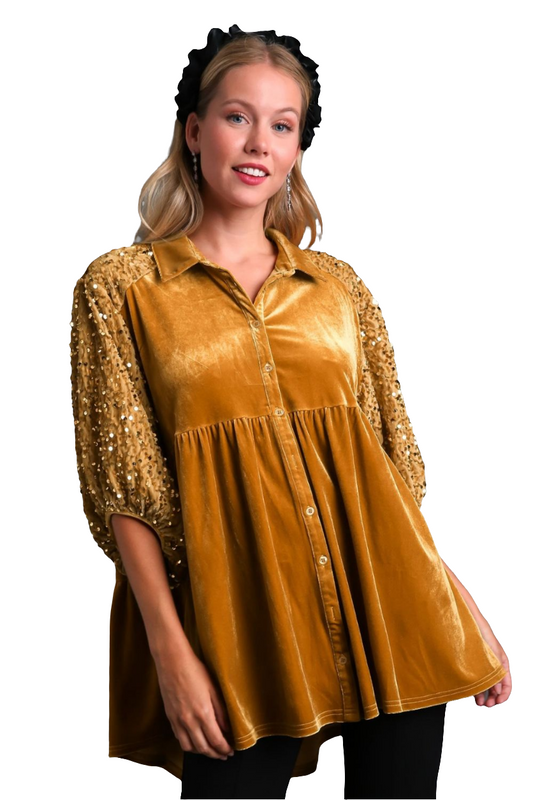 Umgee Sequin Velour Boho Oversized Tunic Top Babydoll Button-Up Shirt Velvet Blouse