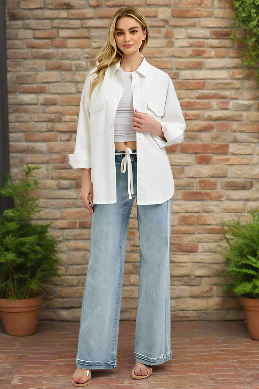 RISEN Elastic Waist Mid-Rise Straight Leg Boyfriend String Belt Jeans Denim Pants