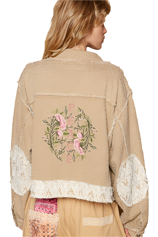 POL Peace Embroidered Floral Crochet Knit Frayed Patchwork Boho Button-up Jacket