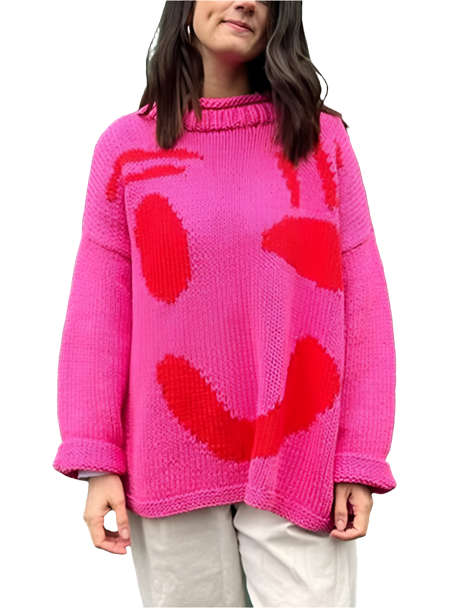 Knit Smiley Face Color Contrast Abstract Long Sleeve Oversized Pullover Sweater Top