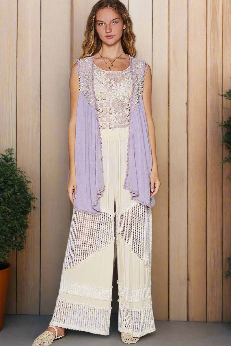 POL Lace Pearl Embroidered Patchwork Boho Vest Gauze Raw Hem Sleeveless Cardigan Lavender Purple