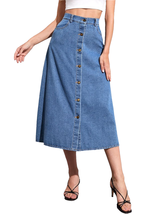 Button Front High-Rise Midi Retro Flare A-line Poque Blue Jean Denim Skirt Pockets