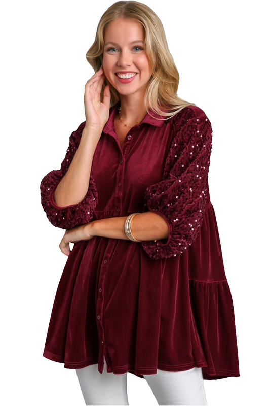 Umgee Sequin Velour Boho Oversized Tunic Top Babydoll Button-Up Shirt Velvet Blouse