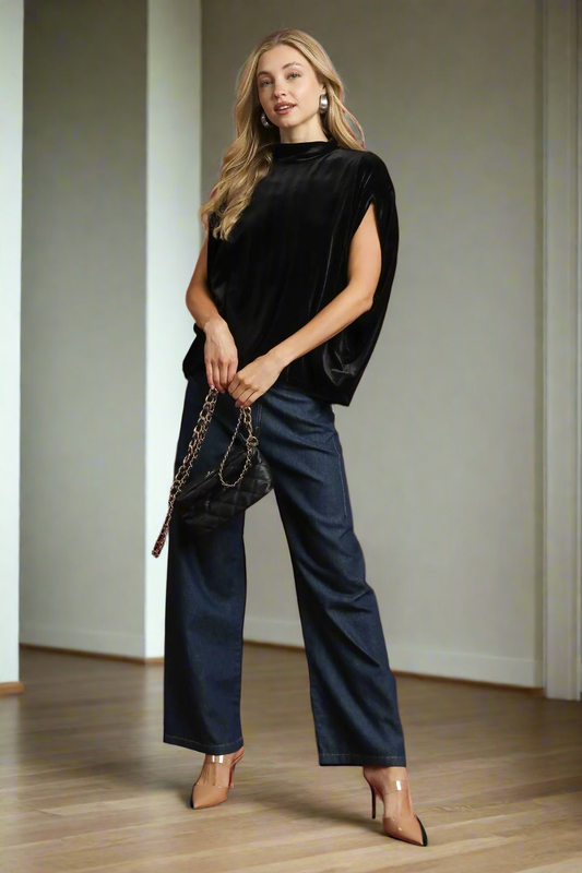 Umgee Crushed Velvet 70s Mock Neck Retro Shirt Oversized Top Sleeveless Blouse Black