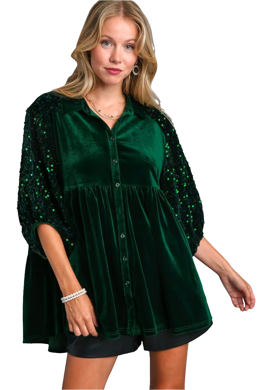 Umgee Sequin Velour Boho Oversized Tunic Top Babydoll Button-Up Shirt Velvet Blouse