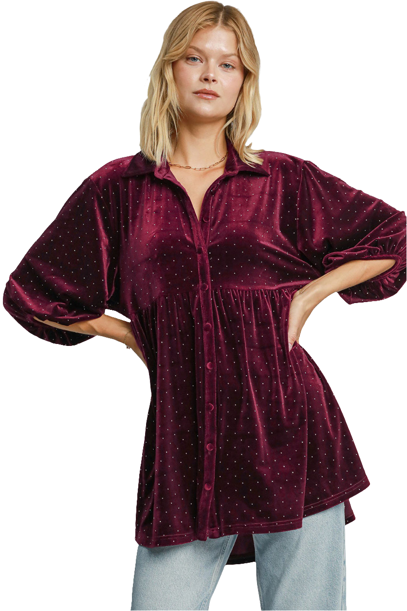 Umgee Velour Polka-dot Boho Oversized Top Peplum Babydoll Shirt Velour Blouse