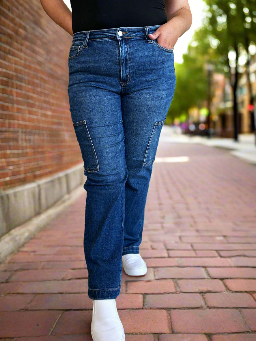 High-Rise Waist Cargo Denim Boyfriend Straight Leg Jean Pants Judy Blue