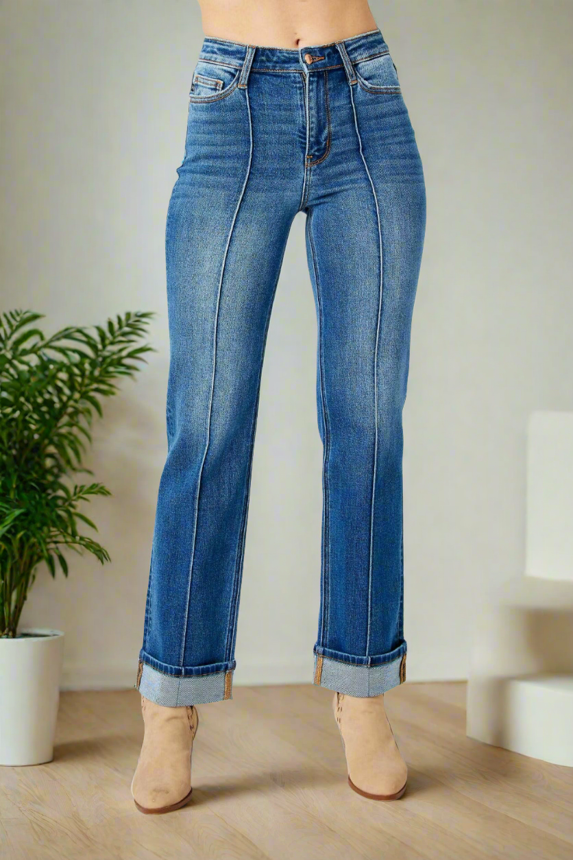 High-Rise Exposed Seam Straight Leg Jeans Dark Denim Pants Judy Blue