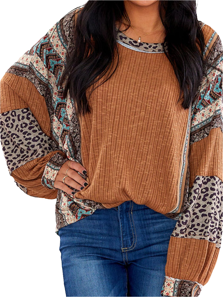 Leopard Patchwork Retro Floral Stripe Long Sleeve Blouse Top Hippie Boho Shirt