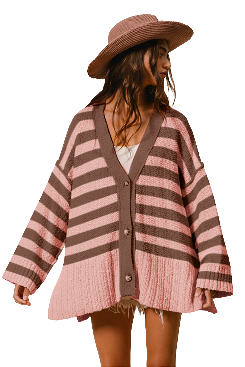 BiBi Oversized Knit Cardigan Slit Side Long Sleeve Stripe Soft Button-Up Sweater