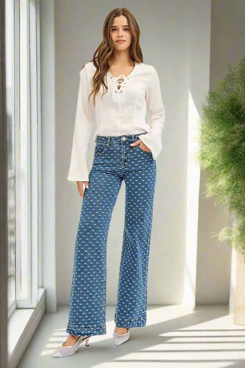 Risen Embroidered Bow High-Rise Waist Slim Fit Pants Wide Leg Denim Jeans