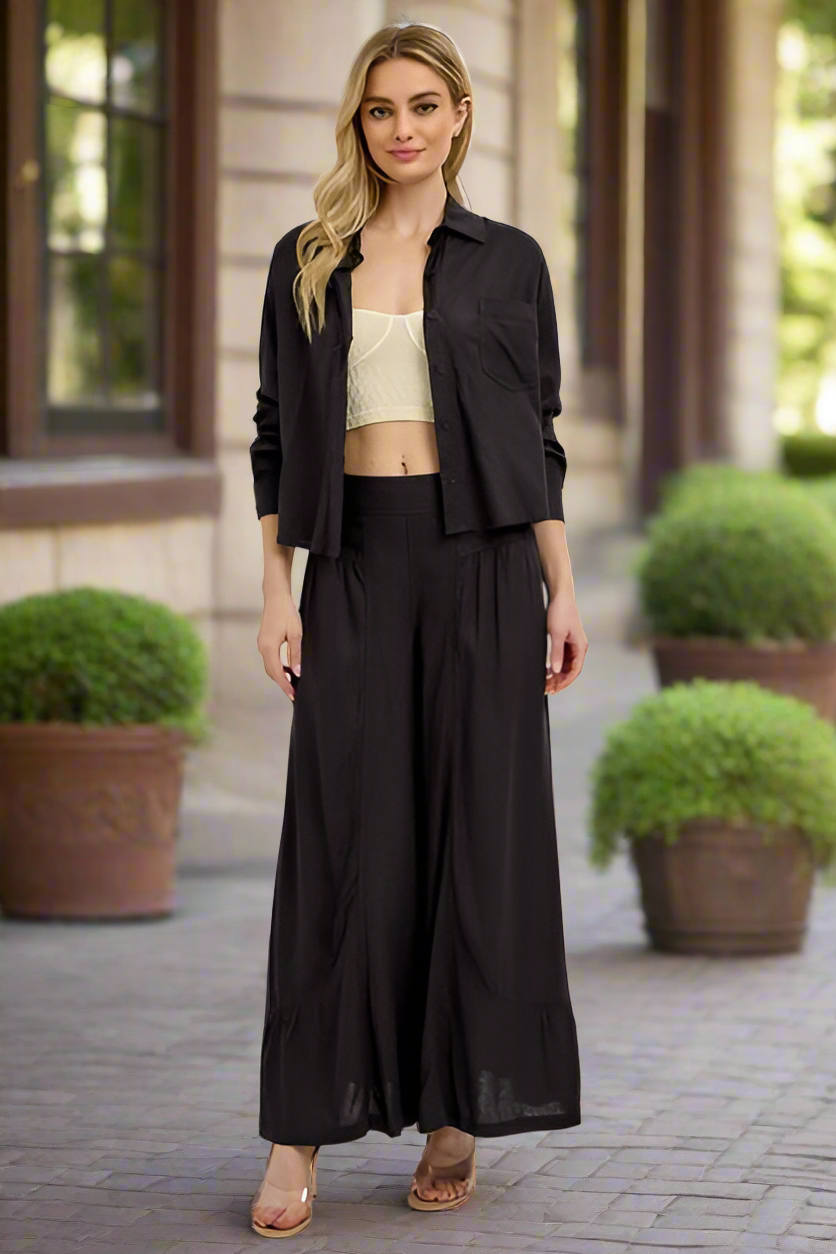 RISEN Elastic Waist High-Rise Harem Wide Leg Ruffle Hem Oversized Linen Blend Pants Black