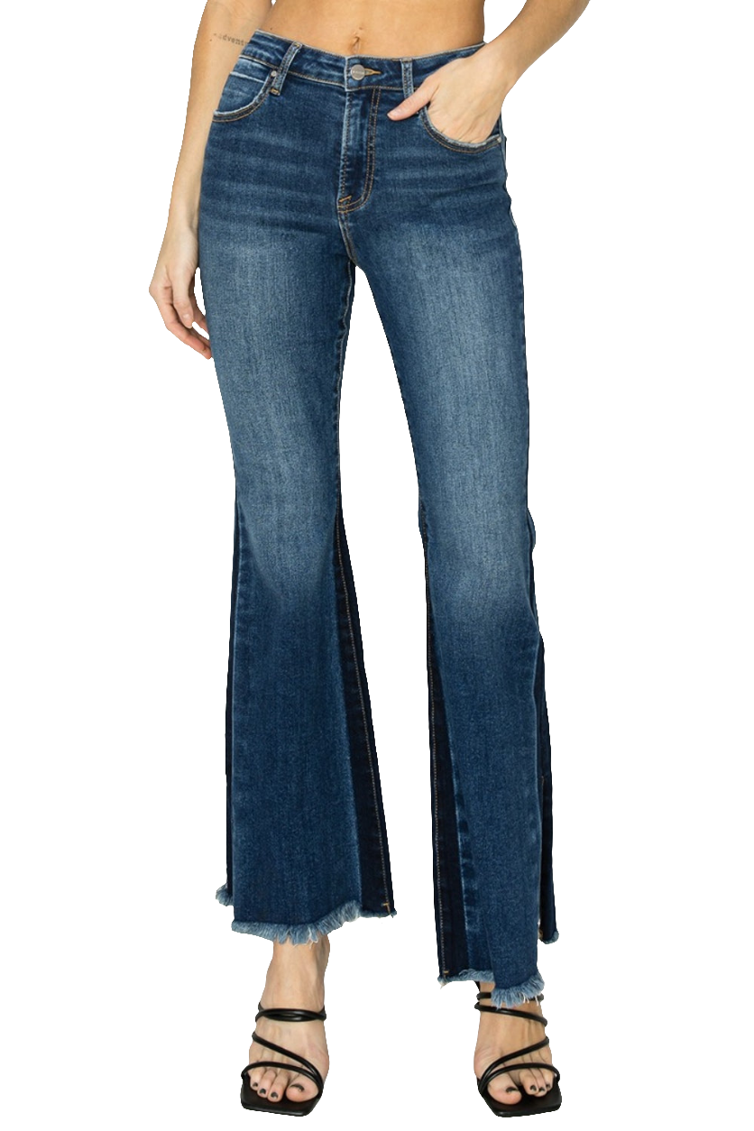 RISEN Split Raw Bell Bottom Ultra High-Rise Retro Flare Denim Skinny Jean Pants