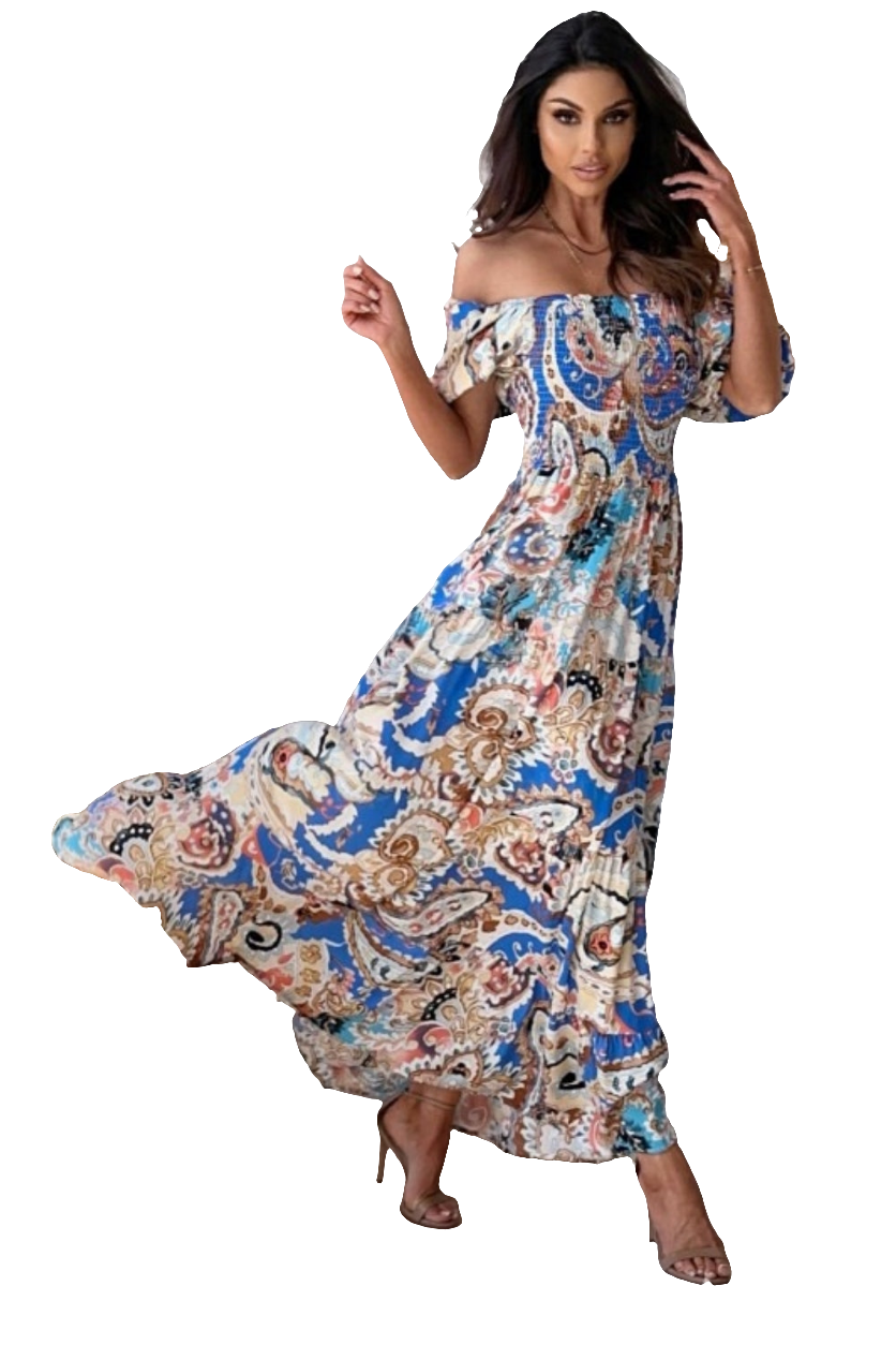 Retro Paisley Floral Smocked Bodice Tiered Colorful Summer Boho Maxi Dress