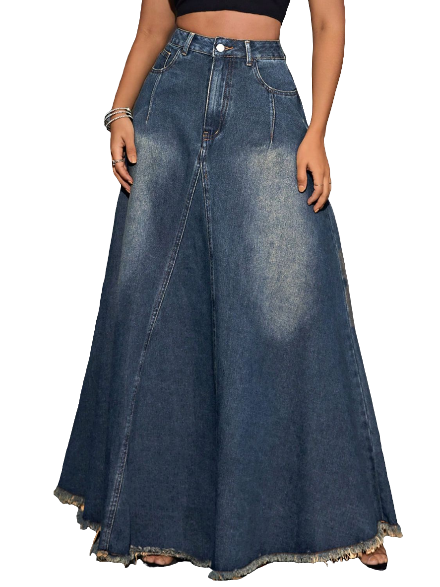 Retro Pocket High-Rise Waist Wide Panel Distressed Fringe Denim Blue Jean Maxi Skirt