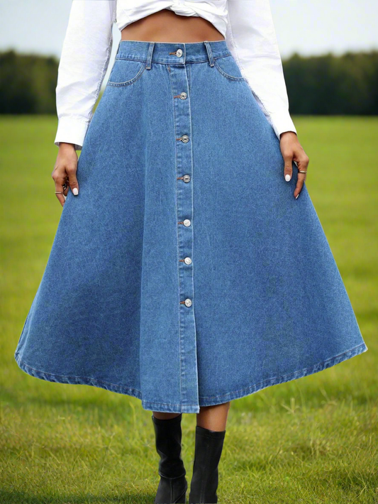 Retro High-Rise Midi Button Front Flare A-line Poque Blue Jean Circle Denim Skirt Pockets