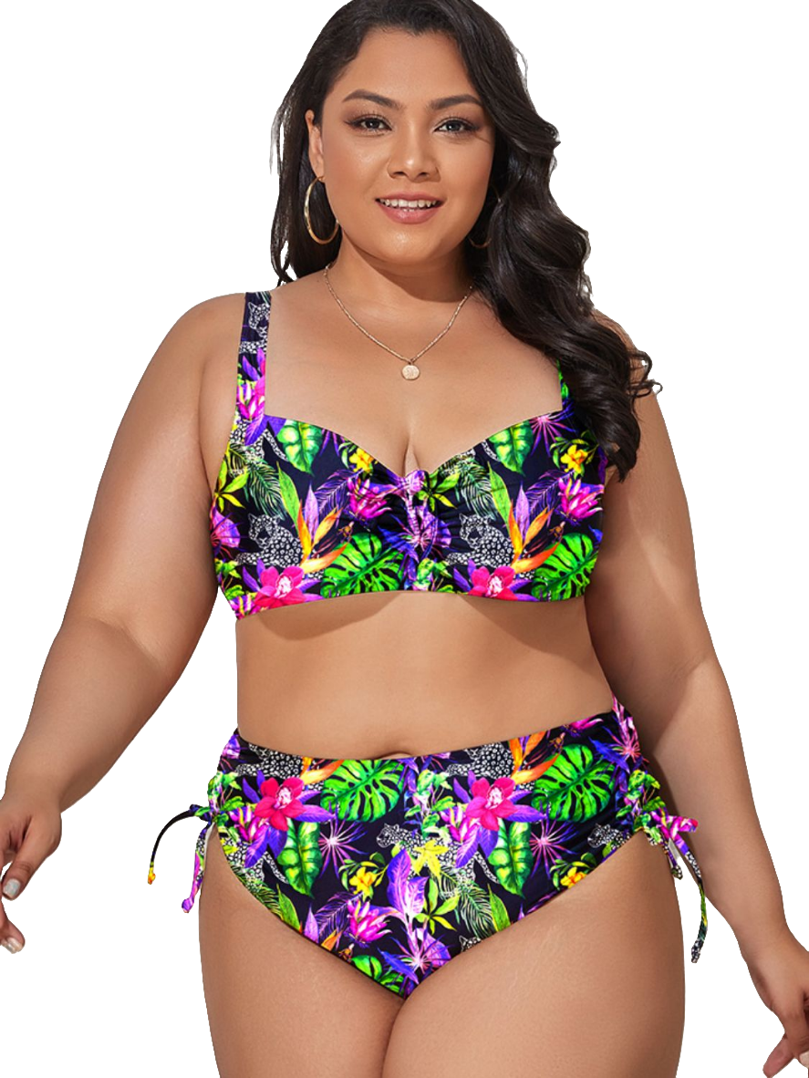 Drawstring Accent High-rise Waist Sweetheart Bikini Matching Swimwear Set Plus Size