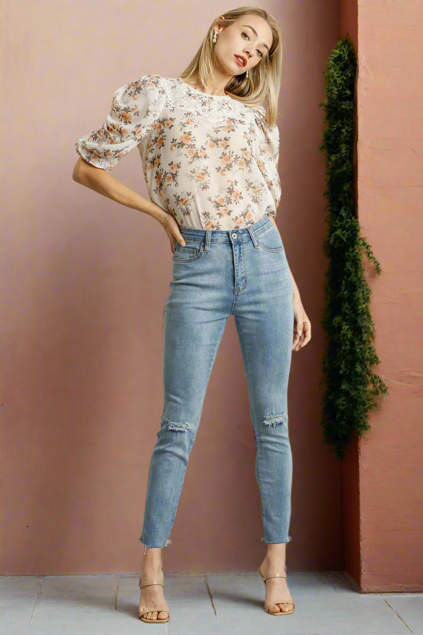 Umgee Skinny High-Rise Stretch Ankle Pants Distressed Denim Slim Fit Raw Hem Jeans