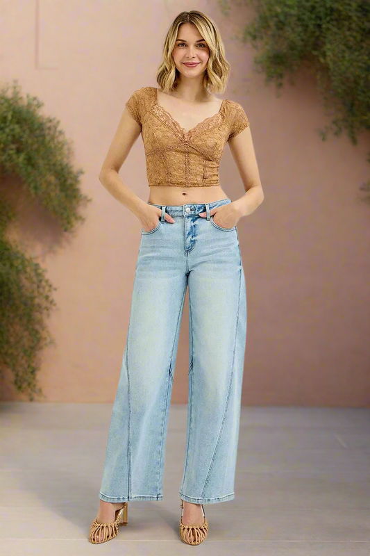 RISEN Baggy Barrel Wide Leg Jeans Mid-Rise Curved Seam Boyfriend Denim Pants Plus Size Available