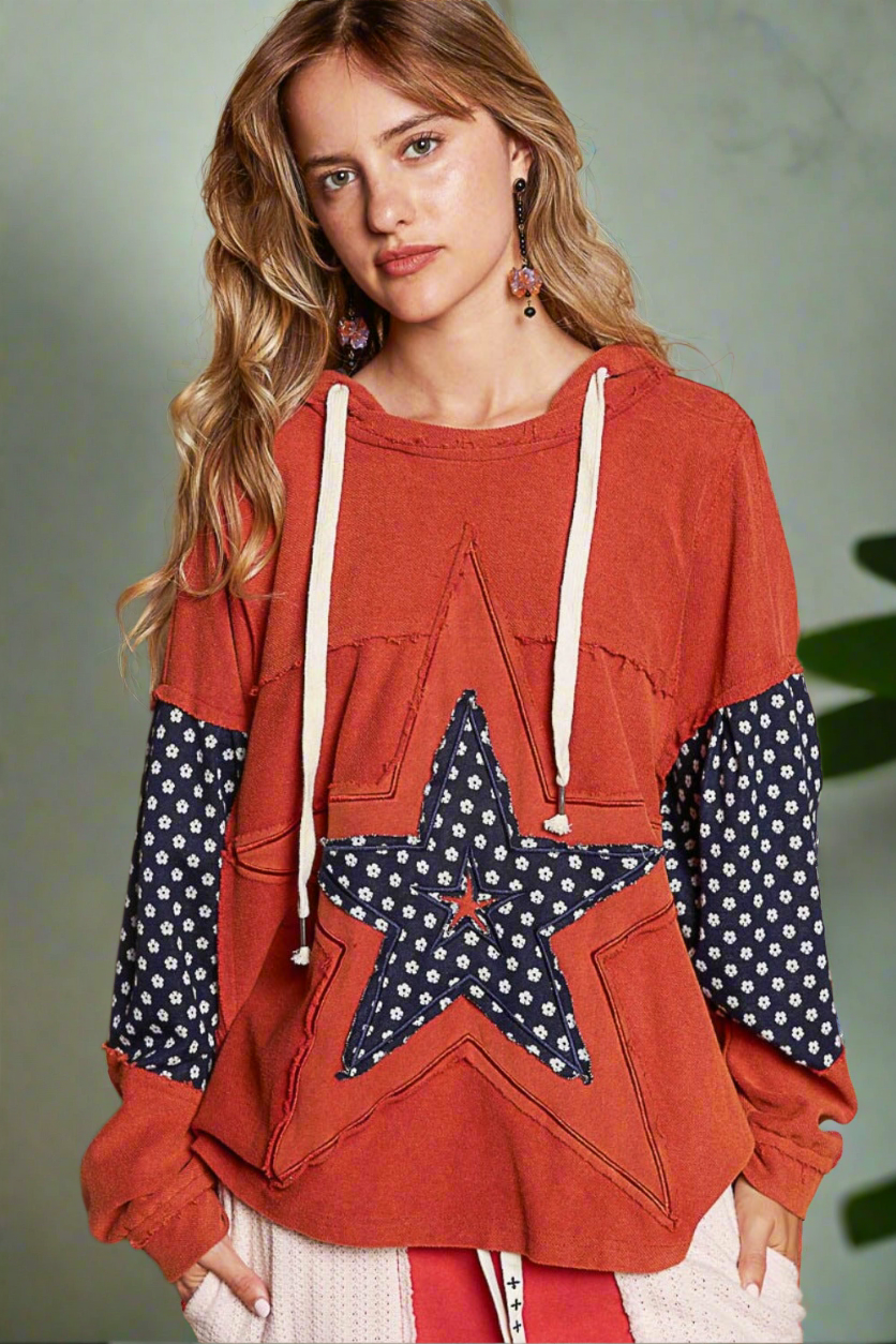 POL French Terry Star Patchwork Hoodie Raw Seam Oversized Top Hippie Boho Shirt