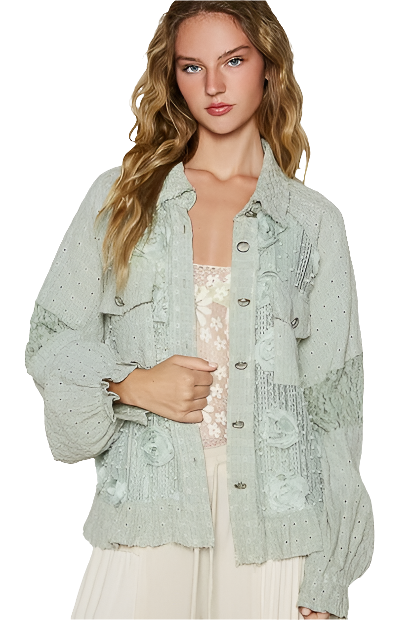 POL Pearl Blouse Lace Patchwork Eyelet Floral Top Long-Sleeve Boho Button Shirt Sage Green