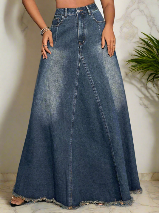 Retro Pocket High-Rise Waist Wide Panel Distressed Fringe Denim Blue Jean Maxi Skirt