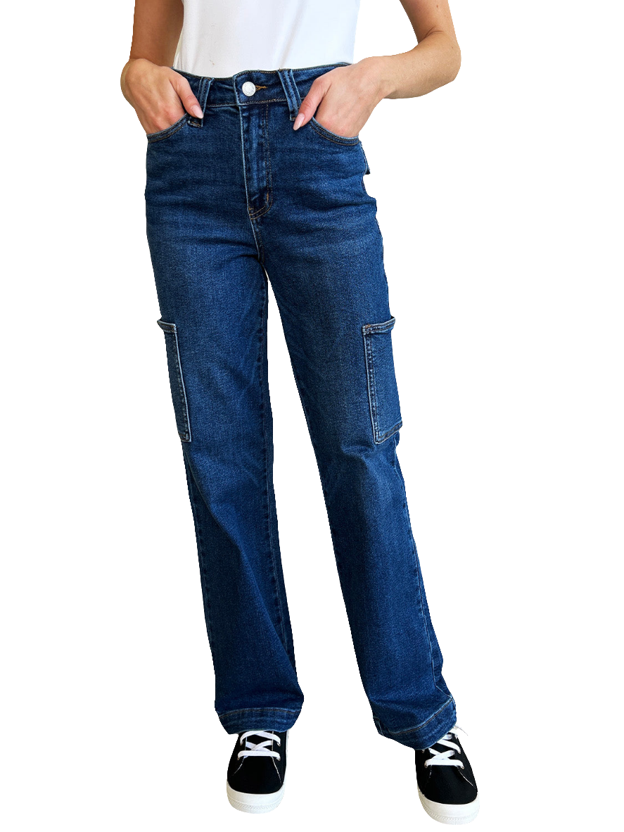 High-Rise Waist Cargo Denim Boyfriend Straight Leg Jean Pants Judy Blue