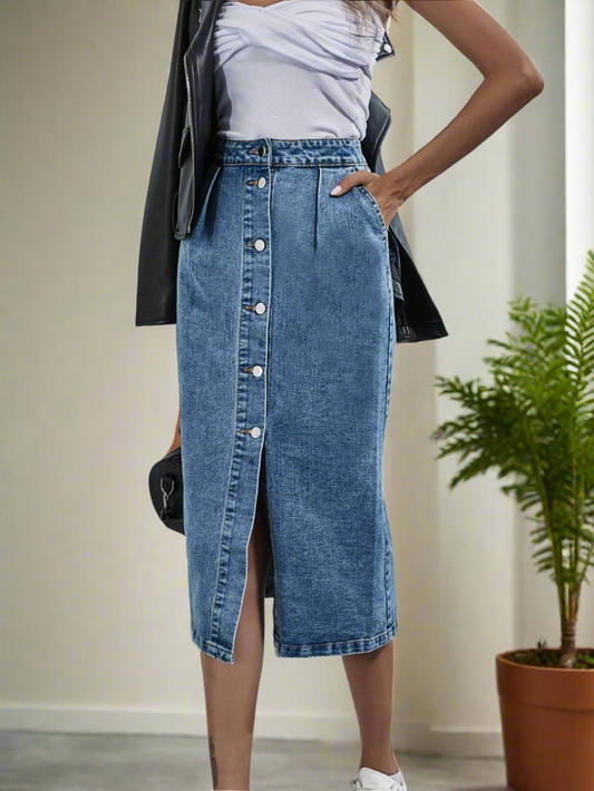 Retro High-Rise Waist Button Front Blue Jean Midi Denim Pocket Pencil Skirt