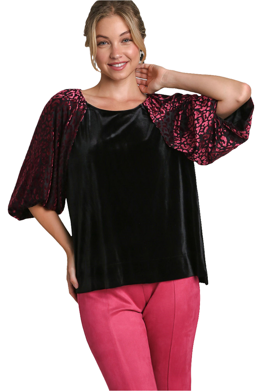 Umgee Leopard Velvet Sheer Balloon Half Sleeve Shirt Split Side Top High-Low Blouse