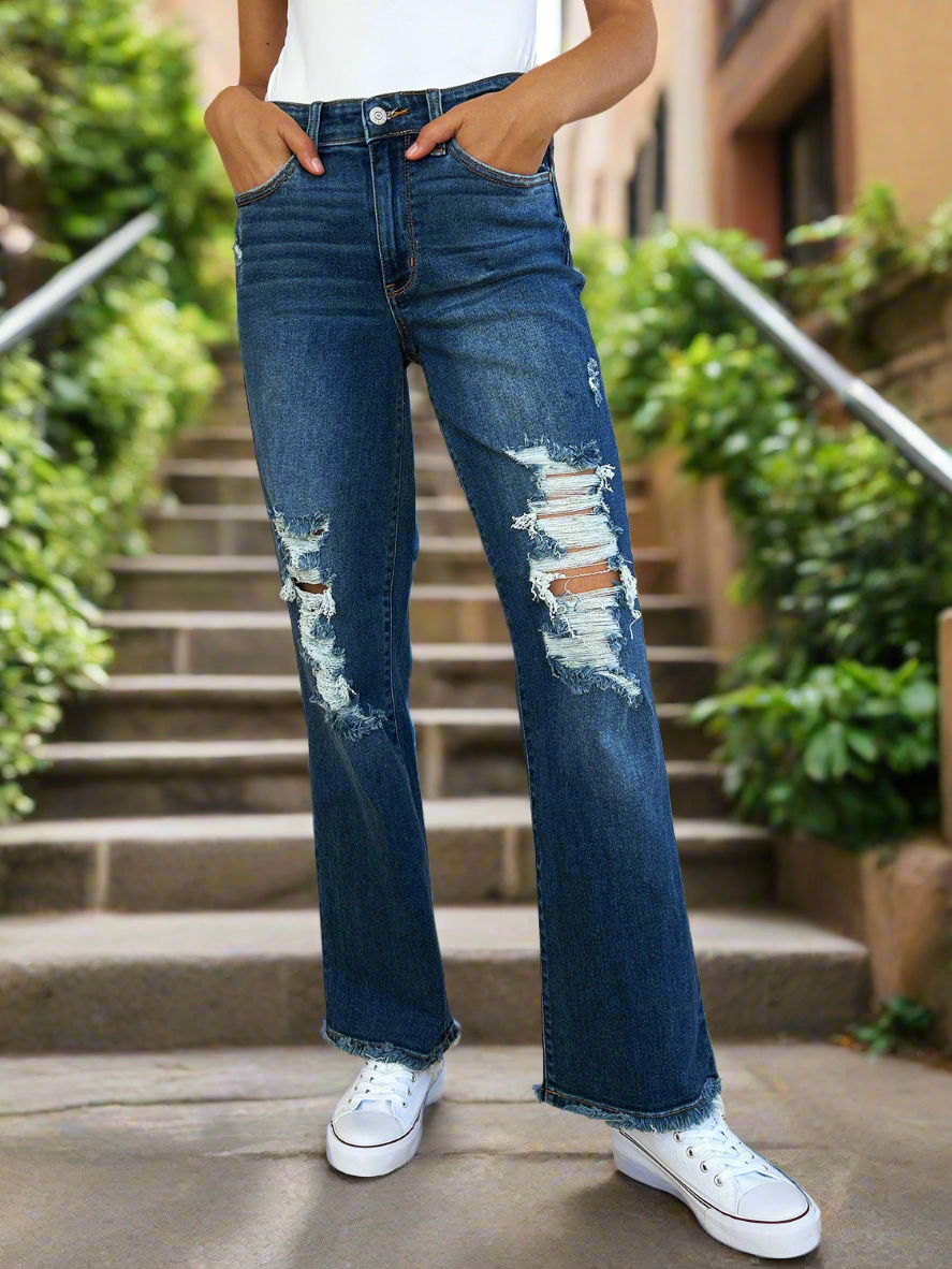 Mid-Rise Distressed Torn Mom Jeans Straight Leg Raw Hem Denim Pants Judy Blue