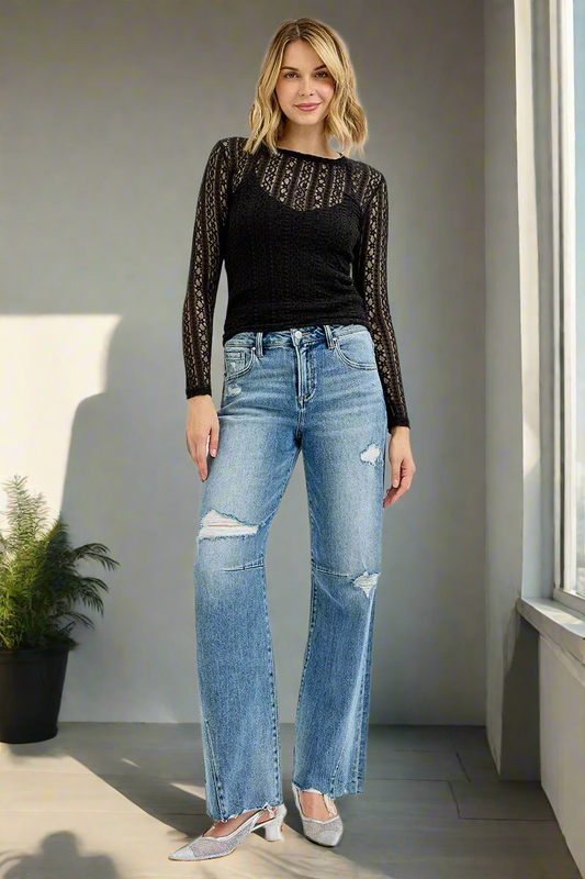 RISEN Baggy Mid-Rise Pleated Wide Leg Distressed Torn Boyfriend Fit Denim Jeans Plus Size Available